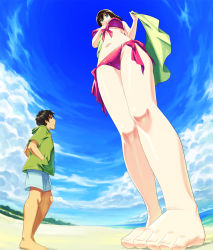 Rule 34 | 1boy, 1girl, aqua eyes, barefoot, beach, bikini, black hair, blush, cloud, covered erect nipples, day, eye contact, feet, fisheye, foreshortening, from below, front-tie top, giant, giantess, green eyes, hands in pockets, highres, hood, hoodie, legs, looking at another, looking down, looking up, nature, navel, ocean, original, outdoors, perspective, red bikini, sand, shiny skin, shorts, side-tie bikini bottom, size difference, sky, standing, swimsuit, teston, toes, towel, water
