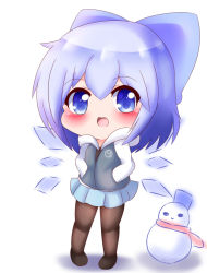 Rule 34 | 1girl, alternate costume, black footwear, black pantyhose, blue coat, blue eyes, blue hair, blue skirt, blush, bow, chibi, circled 9, cirno, coat, commentary, full body, hair between eyes, hair bow, hands in pockets, looking at viewer, microskirt, open mouth, pantyhose, pleated skirt, shadow, simple background, skirt, snowman, solo, standing, symbol-only commentary, symbol in eye, touhou, white background, wings, yairenko