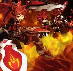 Rule 34 | 3boys, armor, bad id, bad pixiv id, boots, costume chart, dual wielding, el (4369288), elsword, elsword (character), fiery background, fire, full body, holding, long hair, lowres, magic knight (elsword), male focus, multiple boys, multiple persona, navel, oekaki, pants, ponytail, red eyes, red hair, red theme, sheath knight (elsword), smile, spiked hair, surcoat, sword, sword knight (elsword), weapon