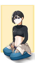 Rule 34 | asymmetrical hair, black hair, black skirt, braid, breasts, collarbone, crop top, energy sword, f (star wars), hand on lap, highres, holding, holding weapon, japanese clothes, kimono, lightsaber, long sleeves, looking away, looking to the side, medium breasts, midriff, navel, on floor, open clothes, purple eyes, scar, scar on face, short hair, simple background, sitting, skirt, star wars, star wars: visions, sword, weapon, white (user udep3524)