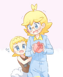 Rule 34 | 1boy, 1girl, age difference, akasaka (qv92612), blonde hair, blue eyes, blue jumpsuit, blush, bonnie (pokemon), brother and sister, clemont (pokemon), commentary request, creatures (company), flying sweatdrops, game freak, gift, glasses, heart, holding, holding gift, jumpsuit, long sleeves, looking down, nintendo, open mouth, pokemon, pokemon xy, siblings, tongue