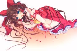 Rule 34 | 1girl, ascot, bad id, bad pixiv id, bare shoulders, blue eyes, bow, brown hair, detached sleeves, fang, female focus, flower, hair bow, hair tubes, hakurei reimu, japanese clothes, long hair, lying, miko, on side, open mouth, petals, solo, sushimekabu, touhou, very long hair