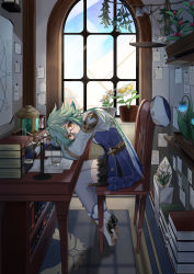 Rule 34 | 1girl, absurdres, animal ears, ankle boots, blue dress, blue flower, blue sky, blush, book, book stack, boots, bottle, building, commentary request, desk, dress, flipped hair, flower, genshin impact, glasses, green hair, high heel boots, high heels, highres, hourglass, indoors, jacket, lantern, long hair, long sleeves, looking at viewer, nakura hakuto, paper, plant, ponytail, potted plant, round eyewear, rug, sky, sleeveless, sleeveless dress, smile, solo, sucrose (genshin impact), thighhighs, white flower, white footwear, white jacket, white thighhighs, windmill, window