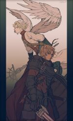 Rule 34 | 2boys, absurdres, armor, blonde hair, blue eyes, breastplate, cape, closed mouth, cowboy shot, faulds, feathered wings, flying, gauntlets, gradient background, head wings, highres, holding, holding shield, holding staff, holding sword, holding weapon, long sleeves, looking at viewer, male focus, multiple boys, nigel (unicorn overlord), pillarboxed, profile, red cape, red vest, robe, sanatio (unicorn overlord), sdkafka, shield, spiked pauldrons, staff, standing, sword, unicorn overlord, vest, weapon, white background, white robe, wings