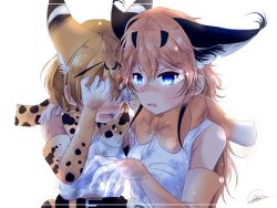 Rule 34 | 10s, 2girls, absurdres, amemiya neru, animal ears, arm around neck, backlighting, belt, blonde hair, blue eyes, blush, bow, bowtie, brown gloves, brown hair, brown neckwear, caracal (kemono friends), claws, covering own eyes, crying, elbow gloves, extra ears, gloves, glowing, glowing eyes, hair between eyes, highres, kemono friends, long hair, looking at viewer, multicolored clothes, multicolored gloves, multiple girls, print neckwear, serval (kemono friends), serval print, shirt, short hair, signature, sleeveless, sleeveless shirt, tears, traditional bowtie, upper body, white background, white gloves, yellow eyes, yellow gloves, yellow neckwear