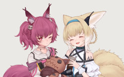 Rule 34 | 2girls, absurdres, animal ear fluff, animal ears, arknights, bare shoulders, black ribbon, blonde hair, blue hairband, braid, burnt clothes, chinese commentary, closed eyes, collarbone, commentary request, cup, diamond-shaped pupils, diamond (shape), earpiece, fang, fox ears, fox girl, fox tail, grey background, hair ornament, hair ribbon, hairband, highres, holding, holding cup, holding stuffed toy, id card, infection monitor (arknights), looking at viewer, lxjun 09, material growth, multicolored hair, multiple girls, multiple tails, neck ribbon, one eye closed, open mouth, oripathy lesion (arknights), pink hair, pink ribbon, ribbon, shamare (arknights), shirt, short hair, simple background, skin fang, skull hair ornament, strapless bottom, streaked hair, stuffed toy, suzuran (arknights), symbol-shaped pupils, tail, twintails, upper body, white hair, white shirt, white wrist cuffs, wrist cuffs