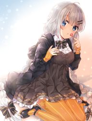 Rule 34 | 1girl, ahoge, bad id, bad pixiv id, black bow, black footwear, black jacket, blue eyes, blush, bow, braid, brown dress, candy, collared shirt, commentary request, detached sleeves, dress, fingernails, food, grey hair, hair between eyes, hair bow, hair ornament, hairclip, highres, holding, holding candy, holding food, holding lollipop, hood, hood down, hooded jacket, jacket, kizuna akari, lollipop, long hair, long sleeves, looking at viewer, low twintails, nail polish, open clothes, open jacket, orange nails, orange pantyhose, pantyhose, parted lips, puffy long sleeves, puffy sleeves, shikino (sikinonono), shirt, shoes, sitting, sleeves past wrists, solo, star (symbol), striped bow, striped clothes, striped pantyhose, twin braids, twintails, vertical-striped clothes, vertical-striped pantyhose, very long hair, vocaloid, voiceroid, wariza, white shirt