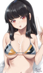 Rule 34 | 1girl, beatmania, beatmania iidx, bikini, black hair, breasts, dated, food, highres, hinazuki ririna, holding, holding food, large breasts, long hair, looking at viewer, maremay0513, navel, popsicle, red eyes, solo, swimsuit, tongue, tongue out