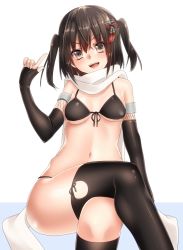 Rule 34 | 10s, 1girl, bikini, black bikini, black gloves, black thighhighs, breasts, brown eyes, brown hair, crossed legs, elbow gloves, front-tie bikini top, front-tie top, gloves, hair ornament, kantai collection, keita (tundereyuina), looking at viewer, medium breasts, open mouth, scarf, sendai (kancolle), sendai kai ni (kancolle), short hair, simple background, sitting, smile, solo, swimsuit, thighhighs, two side up