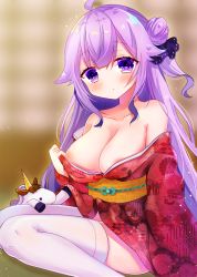 Rule 34 | 1girl, :o, alternate breast size, azur lane, bad id, bad pixiv id, bare shoulders, black ribbon, blurry, blurry background, blush, breasts, collarbone, commentary request, depth of field, floral print, hair bun, hair flaps, hair ribbon, head tilt, highres, hinanosuke, japanese clothes, kimono, kimono pull, large breasts, long hair, looking at viewer, obi, one side up, parted lips, print kimono, pulling own clothes, purple eyes, purple hair, red kimono, ribbon, sash, side bun, sidelocks, single hair bun, single side bun, sitting, solo, stuffed animal, stuffed toy, stuffed unicorn, thighhighs, unicorn (azur lane), very long hair, white thighhighs