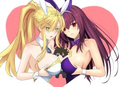 Rule 34 | 2girls, :o, ahoge, animal ears, artoria pendragon (all), artoria pendragon (fate), artoria pendragon (swimsuit ruler) (fate), bare shoulders, between breasts, blonde hair, blue necktie, bow, bowtie, braid, breasts, character doll, cleavage, closed mouth, commentary, detached collar, english commentary, expressionless, fake animal ears, fate/grand order, fate (series), french braid, fujimaru ritsuka (male), fumo (doll), green eyes, hair between eyes, heart, highres, leotard, long hair, longdq3008, looking at viewer, multiple girls, necktie, official alternate costume, playboy bunny, ponytail, purple bow, purple bowtie, purple hair, purple leotard, rabbit ears, red eyes, scathach (fate), scathach (piercing bunny) (fate), sidelocks, strapless, strapless leotard, very long hair, white leotard, wrist cuffs