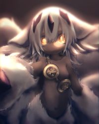 Rule 34 | 1girl, animal ears, arm at side, breasts, dark-skinned female, dark skin, extra arms, faputa, glowing, glowing eyes, goggles, goggles around neck, hair between eyes, highres, long hair, looking at viewer, made in abyss, marudoll, monster girl, navel, no nipples, nude, outie navel, outstretched arm, reaching, reaching towards viewer, solo, upper body, white hair, yellow eyes