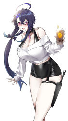 Rule 34 | 1girl, absurdres, azur lane, bare shoulders, black shorts, breasts, bubble tea, cleavage, cropped sweater, foch (azur lane), foch (rainbow rendezvous) (azur lane), hair between eyes, highres, irkawaza, knife sheath, knife sheath, large breasts, latex shorts, leaning forward, long hair, looking at viewer, off-shoulder sweater, off shoulder, official alternate costume, pink eyes, purple hair, sheath, shorts, simple background, solo, sweater, white background, white sweater