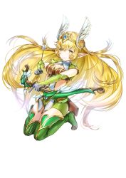 Rule 34 | 1girl, archer (noatopia), arrow (projectile), blonde hair, boots, bow (weapon), breasts, cleavage, elbow gloves, full body, gloves, green footwear, green thighhighs, head wings, highres, holding, holding bow (weapon), holding weapon, long hair, looking at viewer, medium breasts, noatopia, official art, pointy ears, quiver, smile, solo, thigh boots, thighhighs, transparent background, very long hair, weapon, wings, yanyo (ogino atsuki), yellow eyes