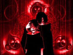Rule 34 | 2boys, akatsuki (naruto), artist request, brothers, cloak, covering privates, covering face, covering own eyes, kunai, male focus, mouth hold, multiple boys, naruto, naruto (series), red theme, siblings, uchiha itachi, uchiha sasuke, weapon