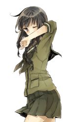 Rule 34 | 10s, 1girl, blouse, blunt bangs, braid, chibirisu, covering own mouth, cowboy shot, green skirt, hair over shoulder, kantai collection, kitakami (kancolle), long sleeves, looking at viewer, neckerchief, one eye closed, pleated skirt, purple eyes, sailor collar, school uniform, serafuku, shirt, simple background, single braid, skirt, solo, white background
