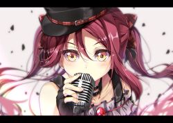 Rule 34 | 1girl, black choker, black gloves, black headwear, blurry, blurry background, blush, bow, choker, collarbone, commentary, dress, english commentary, fingerless gloves, floating hair, frilled dress, frills, gloves, grey dress, hair between eyes, hair bow, highres, hoijin, holding, holding microphone, idol, idol clothes, letterboxed, long hair, looking at viewer, love live!, love live! sunshine!!, microphone, music, open mouth, plaid, plaid bow, red bow, red brooch, red hair, sakurauchi riko, shadow, singing, solo, two side up, upper body, white background, yellow eyes