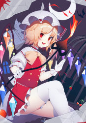 Rule 34 | 1girl, absurdres, apple, bat (animal), bat wings, belt, berry, blonde hair, blood, blue sky, bow, buttons, cage, cherry, crystal, dress, eyes visible through hair, fire, flandre scarlet, food, fruit, gloves, hands up, hat, hat ribbon, highres, ikasoba, looking at viewer, mob cap, multicolored wings, note, open mouth, over-kneehighs, polearm, ponytail, puffy short sleeves, puffy sleeves, rain, red dress, red eyes, red ribbon, ribbon, short hair, short sleeves, sitting, sky, smile, solo, spear, strawberry, thighhighs, touhou, weapon, white belt, white gloves, white hat, white sleeves, white thighhighs, window, wings, yellow bow, yellow neckwear