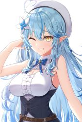Rule 34 | 1girl, ;d, ahoge, antenna hair, blue bow, blue bowtie, blue hair, blush, bow, bowtie, braid, breasts, cleavage, cleavage cutout, clothing cutout, corset, flower, hair flower, hair ornament, half updo, hat, heart, heart ahoge, highres, hololive, large breasts, long hair, looking at viewer, mitsuria (kanesho1102), one eye closed, open mouth, pointy ears, sleeveless, smile, solo, very long hair, virtual youtuber, white background, yellow eyes, yukihana lamy