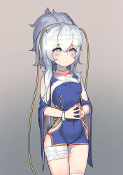 Rule 34 | 1girl, absurdres, bad id, bad pixiv id, bandages, bandaged leg, bandages, blue eyes, breasts, clothing cutout, girls&#039; frontline, hair between eyes, hair up, highres, leonat, long hair, navel, nervous, ribeyrolles (girls&#039; frontline), shoulder cutout, silver hair, small breasts, solo, steepled fingers, sweatdrop, thighs