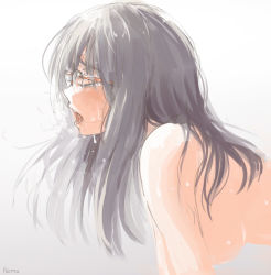 Rule 34 | 1girl, batta (kanzume quality), blush, breasts, copyright request, closed eyes, glasses, grey hair, hanging breasts, heavy breathing, large breasts, long hair, nude, open mouth, saliva, sexually suggestive, solo, sweat
