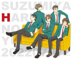 Rule 34 | 5boys, artist name, black eyes, black footwear, black hair, black pants, blazer, brown eyes, brown footwear, brown hair, c0zat0, cigarette, closed mouth, commentary request, copyright name, couch, crossed arms, crossed legs, dated, glasses, green jacket, jacket, kita high school uniform, koizumi itsuki, kunikida (suzumiya haruhi), kyon, loafers, long sleeves, male focus, mouth hold, multiple boys, necktie, open clothes, open jacket, pants, red necktie, school uniform, shirt, shoes, short hair, sitting, smile, smoking, student council president (suzumiya haruhi), suzumiya haruhi no yuuutsu, taniguchi (suzumiya haruhi), teeth, watermark, white shirt