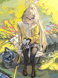 Rule 34 | 1girl, absurdres, al guang, black-framed eyewear, black pantyhose, blonde hair, blue archive, brown footwear, bucket, fishing, fishing rod, glasses, grey skirt, hair between eyes, halo, highres, holding, holding fishing rod, jacket, kotama (blue archive), kotama (camp) (blue archive), long hair, long sleeves, looking at viewer, official alternate costume, outdoors, pantyhose, parted lips, pleated skirt, ponytail, purple eyes, purple halo, scarf, shoes, skirt, solo, white scarf, yellow jacket