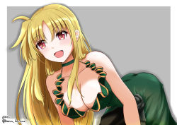 Rule 34 | 1girl, :d, alternate costume, ass, bare shoulders, blonde hair, blush, border, breasts, cleavage, commentary request, dress, fate testarossa, green dress, grey background, kamisu kotona, large breasts, leaning forward, long hair, looking at viewer, lyrical nanoha, mahou shoujo lyrical nanoha strikers, open mouth, red eyes, sleeveless, sleeveless dress, smile, solo, twitter username, white border