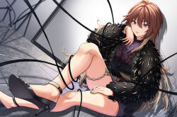 Rule 34 | 1girl, aketa mikoto, black jacket, blonde hair, bow, bracelet, breasts, brown hair, cable, dress, dress bow, fur jacket, gradient hair, green nails, hand on own face, hand on own thigh, high heels, highres, idolmaster, idolmaster shiny colors, indoors, jacket, jewelry, knee up, large breasts, long sleeves, looking at viewer, multicolored hair, murousaisei123, open clothes, open jacket, parted lips, purple dress, purple eyes, sitting, smile, solo, stone floor, thighlet, tripod