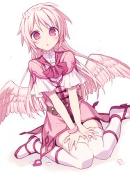 Rule 34 | 1girl, :o, boots, dress, dutch angle, feathered wings, flower, hair flower, hair ornament, hijiri (resetter), long hair, looking at viewer, low wings, original, parted lips, petals, pink dress, pink hair, pink wings, red eyes, short sleeves, sitting, solo, thighhighs, very long hair, wariza, white background, white flower, white footwear, white thighhighs, wings