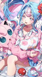 Rule 34 | 1girl, :o, absurdres, aqua eyes, blue skirt, blush, bull sprite (pokemon), cardigan, choker, collarbone, collared shirt, colored eyelashes, commentary, creatures (company), curly hair, earrings, fairy miku (project voltage), fingernails, flower, fossil sprite (pokemon), game freak, gen 1 pokemon, hair flower, hair intakes, hair ornament, hatsune miku, heart, heart choker, heart stickers, highres, hugging object, husan, jewelry, jigglypuff, leg warmers, legs, long fingernails, long hair, long sleeves, looking at another, multicolored hair, nail polish, neckerchief, nintendo, open mouth, pillow, pillow hug, pink cardigan, pink choker, pink eyes, pink hair, pink nails, plaid, plaid skirt, poke ball, poke ball (basic), poke ball print, pokemon, pokemon (creature), pokewalker, project voltage, red flower, shirt, skirt, sleeves past wrists, smile, sticker on leg, streaked hair, thighs, twintails, two-tone eyes, two-tone hair, vocaloid, white bag, white leg warmers, white neckerchief, white shirt