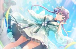 Rule 34 | 1girl, animal print, blue sky, blurry, blurry foreground, braided hair rings, butterfly print, closed mouth, concrete, dress, dutch angle, feet out of frame, flower, game cg, green eyes, green kimono, hair flower, hair ornament, hand up, highres, japanese clothes, kimono, kimono dress, kunpuu no shirabe (love live!), lens flare, link! like! love live!, long braid, long hair, long sleeves, looking at viewer, love live!, official art, otomune kozue, outstretched arm, purple hair, see-through, single hair ring, sky, sleeveless, sleeveless dress, smile, solo, third-party source, tree, very long hair, virtual youtuber, white flower