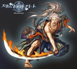 Rule 34 | :o, aura, black background, brown eyes, fighting stance, flaming sword, flaming weapon, holding, holding sword, holding weapon, jewelry, long hair, looking at viewer, male focus, muscular, necklace, official art, ponytail, sandals, scar, scar on face, shaap, sheath, solo, sword, tenkuu no craft fleet, toes, tooth, watermark, weapon, white hair
