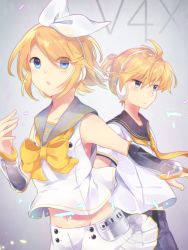 Rule 34 | 1boy, 1girl, blonde hair, blue eyes, brother and sister, hair ribbon, headset, highres, kagamine len, kagamine len (vocaloid4), kagamine rin, kagamine rin (vocaloid4), mipi, necktie, ribbon, sailor collar, shorts, siblings, twins, v4x, vocaloid