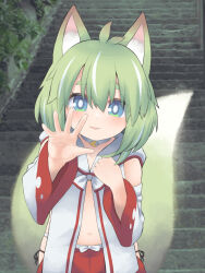 Rule 34 | 1girl, animal ears, black panties, blue eyes, commentary request, detached sleeves, fang, fang out, fox ears, fox girl, fox tail, green hair, hair between eyes, highres, long sleeves, looking at viewer, m.m, multicolored hair, navel, original, panties, parted lips, short eyebrows, side-tie panties, skindentation, smile, solo, stairs, stone stairs, streaked hair, tail, thick eyebrows, underwear, white background, white hair, white sleeves, wide sleeves