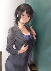 Rule 34 | 1girl, amagami, black one-piece swimsuit, board eraser, breasts, brown eyes, brown hair, chalk, chalkboard, cleavage, commentary request, cowboy shot, formal, grey jacket, grey skirt, highres, indoors, jacket, looking at viewer, one-piece swimsuit, pencil skirt, serizawa (serizawaroom), skirt, skirt suit, small breasts, solo, standing, suit, swimsuit, swimsuit under clothes, table, takahashi maya, teacher