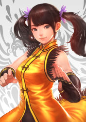 Rule 34 | 1girl, arm guards, armpit peek, bare shoulders, black gloves, blue eyes, breasts, brown hair, chinese clothes, closed mouth, commentary, elbow gloves, feather trim, fighting stance, fingerless gloves, fingernails, flower, foreshortening, gloves, hair flower, hair ornament, highres, ling xiaoyu, long hair, looking at viewer, medium breasts, namco, omeno (digitalome), palms, single elbow glove, sleeveless, smile, solo, swept bangs, tekken, tekken 7, twintails, two-tone background, upper body