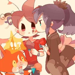 Rule 34 | !?, 10s, 1boy, 1girl, amano keita, brown hair, candy apple, cat, chiyoko (oman1229), covering own mouth, fangs, food, food on face, high ponytail, hyakkihime, ice cream, ice cream cone, ice cream cone spill, japanese clothes, jibanyan, kimono, licking, licking another&#039;s cheek, licking another&#039;s face, multicolored hair, open mouth, purple hair, purple lips, red shirt, shirt, short hair, traditional youkai, two-tone hair, watch, wristwatch, youkai watch, youkai watch (object)