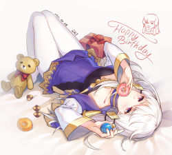 Rule 34 | 1girl, absurdres, artist name, box, checkerboard cookie, chinese commentary, commentary request, cookie, da-cart, dated, doughnut, dress, eating, fire emblem, fire emblem: three houses, food, gift, gift box, hair ornament, happy birthday, highres, holding, holding food, knees up, long hair, long sleeves, lying, lysithea von ordelia, nintendo, on back, pantyhose, pink eyes, purple dress, short dress, signature, solo, stuffed animal, stuffed toy, teddy bear, white hair, white pantyhose