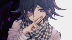 Rule 34 | 1boy, aji kosugi, black background, black hair, checkered clothes, checkered neckwear, checkered scarf, commentary request, danganronpa (series), danganronpa v3: killing harmony, finger to cheek, glowing, glowing eye, grey jacket, hair between eyes, highres, huge filesize, index finger raised, jacket, long sleeves, looking at viewer, male focus, multicolored hair, oma kokichi, portrait, purple background, purple eyes, purple hair, scarf, short hair, smile, solo, straitjacket, two-tone hair, upper body, white background