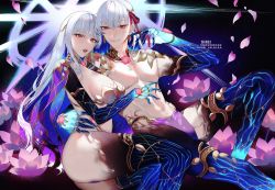 Rule 34 | 1boy, 1girl, abs, armlet, armor, bikini armor, blue hair, blush, breasts, cleavage, collar, dual persona, earrings, fate/grand order, fate (series), flower, hair ribbon, highres, jewelry, kama (beast iii/l) (fate), kama (fate), large breasts, long hair, looking at viewer, lotus, metal collar, multicolored hair, navel, red eyes, ribbon, shei99, silver hair, thighlet, thighs, two-tone hair
