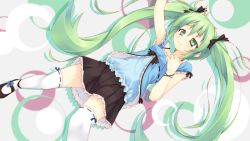Rule 34 | alternate costume, bow, breasts, casual, circle, dress shoes, flower, from above, green eyes, green hair, hair bow, hatsune miku, long hair, lying, midori kazushiki, skirt, small breasts, smile, thighhighs, vocaloid, aged down