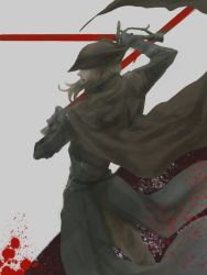 Rule 34 | 1girl, blonde hair, blood, blood stain, bloodborne, cape, green eyes, hat, hat feather, highres, itsuki (itsukiovo), katana, lady maria of the astral clocktower, looking back, ponytail, sword, tricorne, weapon