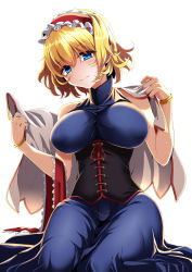 Rule 34 | 1girl, alice margatroid, bangle, bare shoulders, black corset, blonde hair, blue dress, blue eyes, blush, bracelet, breasts, capelet, closed mouth, collared dress, commentary request, corset, cross-laced clothes, dress, frilled hairband, frills, full body, hair between eyes, hairband, head tilt, highres, impossible clothes, impossible dress, jewelry, large breasts, lolita hairband, looking at viewer, red hairband, removing capelet, rihito (usazukin), seiza, short hair, simple background, sitting, sleeveless, sleeveless dress, solo, sweatdrop, touhou, white background, white capelet