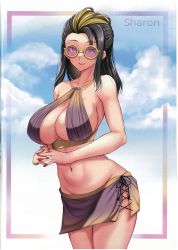 Rule 34 | 1girl, absurdres, anthe (pokemon), bare arms, bare shoulders, bikini, bikini skirt, black hair, blonde hair, breasts, cleavage, closed mouth, creatures (company), fingernails, game freak, glasses, halterneck, highres, interlocked fingers, large breasts, lips, long hair, looking at viewer, medium breasts, multicolored hair, navel, nintendo, pokemon, pokemon legends: arceus, scan, simple background, skirt, smile, solo, stomach, swimsuit, takecha, thighs, two-tone hair