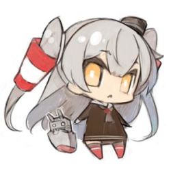 Rule 34 | 10s, 1girl, :&lt;, amatsukaze (kancolle), bad id, bad twitter id, brown dress, chibi, dress, hair tubes, hairband, kantai collection, long hair, lowres, minono aki, orange eyes, rensouhou-kun, sailor dress, silver hair, simple background, solo, thighhighs, two side up, white background