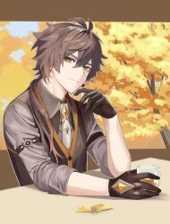 Rule 34 | 1boy, bad id, bad twitter id, black gloves, brown hair, closed mouth, collared shirt, cup, earrings, genshin impact, gloves, grey shirt, hair between eyes, hair over shoulder, highres, holding, holding cup, jewelry, leaf, long hair, looking at viewer, male focus, multicolored hair, necktie, orange eyes, shirt, single earring, sleeves rolled up, solo, togatamaki, tree, vest, white necktie, zhongli (genshin impact)