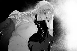 Rule 34 | 1boy, artist name, commentary request, ddu 45, greyscale, hair between eyes, hand on own head, highres, jacket, kamiki hikaru, korean commentary, male focus, monochrome, off shoulder, open clothes, open jacket, oshi no ko, parted lips, shirt, short hair, solo, star-shaped pupils, star (symbol), symbol-shaped pupils