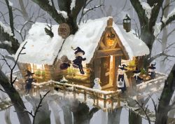 Rule 34 | 4girls, bad id, bad pixiv id, broom, broom riding, hat, jack-o&#039;-lantern, multiple girls, original, pointy ears, seeker, snow, snowman, sunglasses, tree, treehouse, winter, witch, witch hat