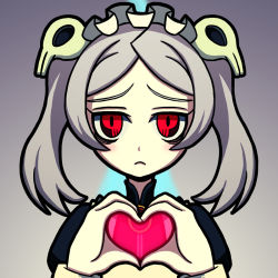 Rule 34 | 1girl, bags under eyes, bloody marie (skullgirls), frown, grey hair, hair ornament, heart, heart hands, light frown, looking at viewer, maid, maid headdress, red eyes, shisen, skull hair ornament, skullgirls, solo, twintails, wrist cuffs